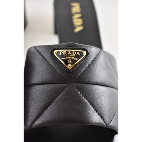 Prada Diagram Quilted Leather Black Gold Logo Slide Sandal Mule Block Heel 39 - Picture 8 of 15